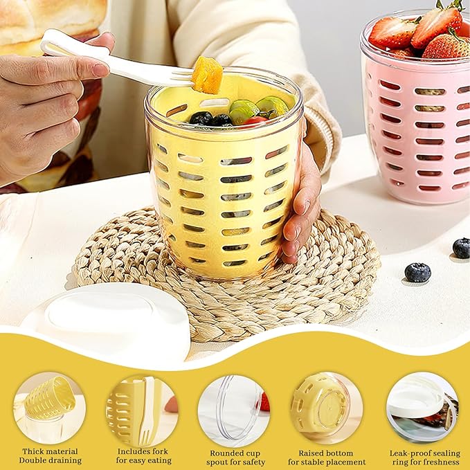 20oz Fruit Salad Storage Cup with Lids and Fork, Reusable Plastic Fruit Storage Containers for fridge with Drain Baskets, BPA-Free & Leak-Proof, Keep Fruits, Vegetables Fresh Longer (Yellow)