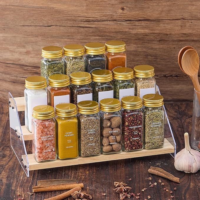 24 Pcs Glass Spice Jars with 576 Labels, 4oz Empty Square Spice Containers,Seasoning Bottles with Gold Metal Caps - Shaker Lids, Funnel and Chalk Pen Included