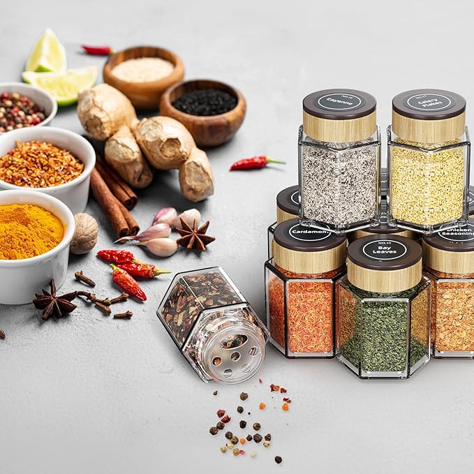 Set of 12 Magnetic Spice Tins with 2 Black Metal Wall-Plates,100 Preprinted Seasoning Label Stickers,2 Styles for 3 oz Herb Jars (12 PCS)