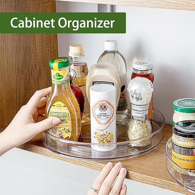 10.6 Inch Lazy Susan Organizer 2 Pack, Clear Turntable Organizer for Cabinet, Plastic Rotating Spice Rack Pantry Organization and Storage for Kitchen, Bathroom, Countertop, Table, Fridge