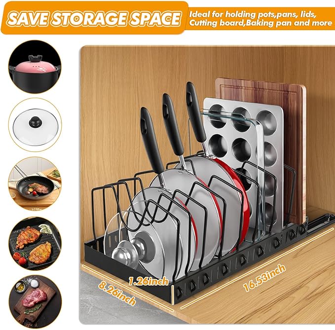 1 Pack Pull Out Pot and Pan Organizer Under Cabinet, Slide Out Pot Lid Organizer with 10 Adjustable Dividers Sliding Pan Holder Storage Rack Inside Cabinet for Kitchen Black