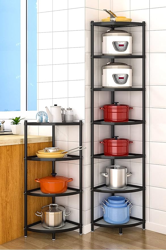 7-Tier Kitchen Corner Shelf Adjustable Pot Rack, Cookware Free Standing Storage Organizer ,Pot and Pans Tower Metal Shelves for Kitchen