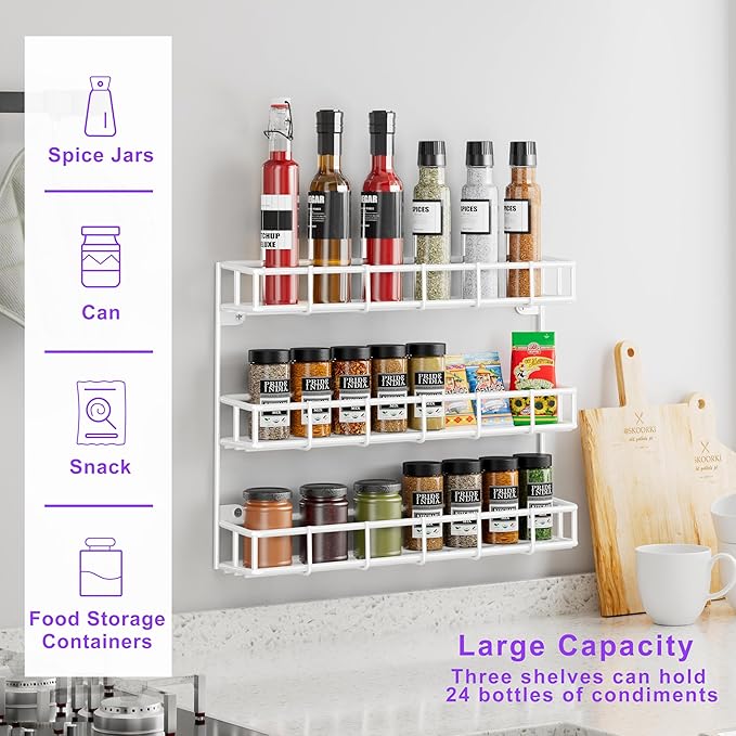 SUFAUY 2pcs Wall Spice Rack for Kitchen, 3 Tier Pantry Door Spice Rack Organizer Wall Mount, White