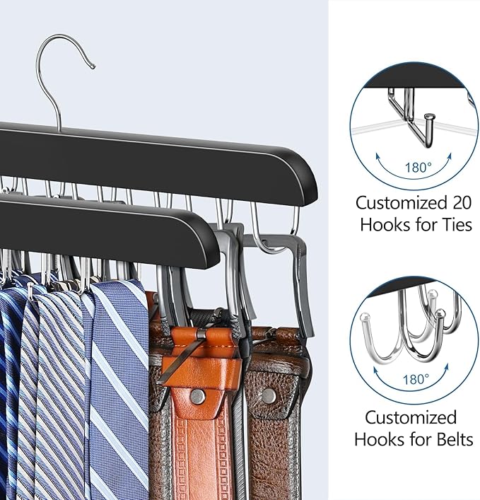 2 Pack Tie Rack & Belt Hanger 2 in 1 Tie Hanger Space Saving Max 42 Belts& 60 Ties Capacity for Closet Organizers and Storage, Sturdy Wood Belt & Tie Collection Organizer