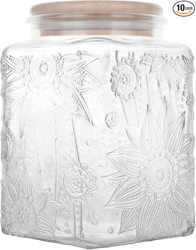 Glass Storage Jars With Airtight Lid, 23.7oz Canister For Kitchen Counter with Bamboo Lid, brown sugar, candy, coffee, cookie, salt, tea,pantry cute Jar (Square Sunflower)