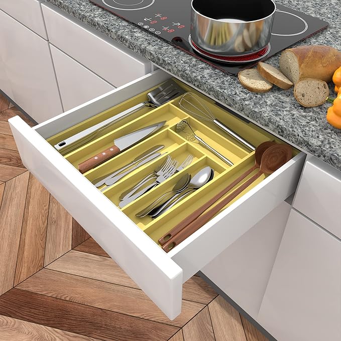 Utopia Kitchen Silverware Organizer, Expandable Bamboo Utensil Drawer Organizer, Kitchen Drawer Organizer, Silverware Organizer for Cutlery, Utensils, Flatware Holder (6-8 Slots, Yellow) Pack of 1