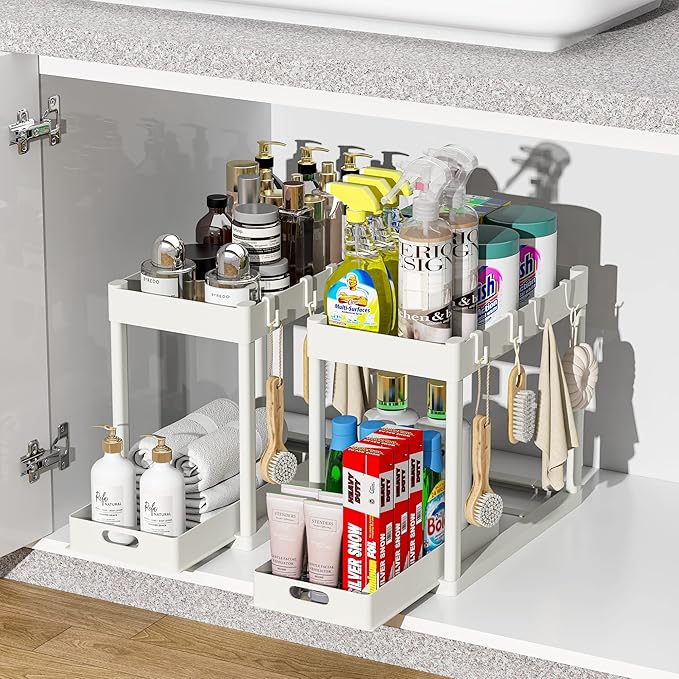 2PC Under Sink Organizer Rack 2 Tier Under Sliding Cabinet Basket Organizer Drawer with 4 Hooks, Multi-purpose Under Sink Storage for Bathroom Kitchen Desktop(White)