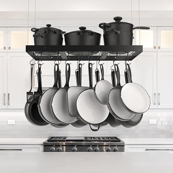 KES Ceiling Pot Rack 30 Inches, Hanging Pots and Pans Organizer Rack for Ceiling with 15 Hooks, Matt Black Kitchen Pot Hanger Rack, KUR219S75-BK
