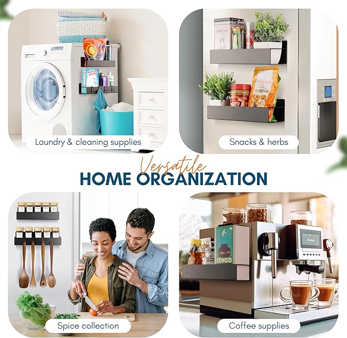 Magnetic Spice Rack for Refrigerator - Strong Magnetized Shelf for Fridge Storage - 2 Pack with 4 Moveable Hooks - Versatile Kitchen Organizer - Space-Saving Fridge Magnet Shelves