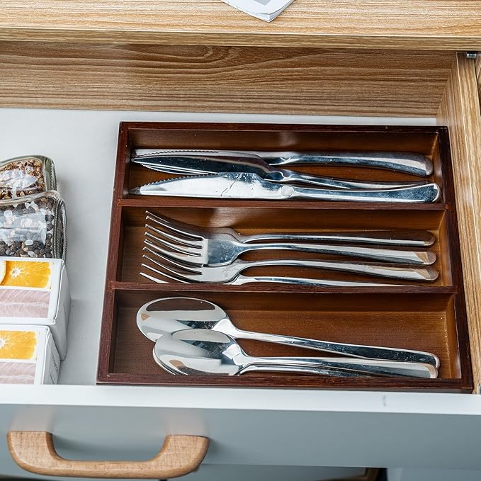 Silverware Organizer Bamboo Kitchen Drawer Organizer, Flatware Organizer Tray for Kitchen, Flatware, Utensils(Brown)
