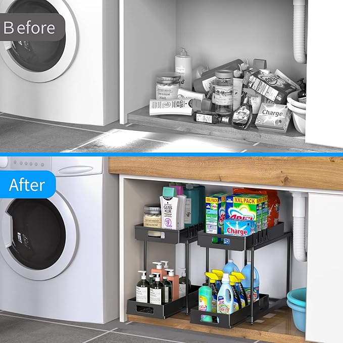 Under Sink Organizers and Storage, 2 Pack Large Capacity Heavy Load Double Pull-out Under Sink Shelves with Sliding Drawer for Kitchen and Bathroom, Black