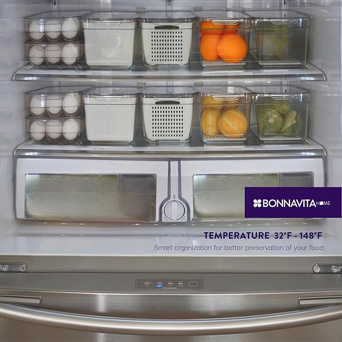 Clear Stackable Storage Containers with Lids BPA-Free Organizer Bins for Refrigerator Pantry Fridge Drawer with Colander and Dividers for Kitchen Food Preservation and Home Organization BPA Free