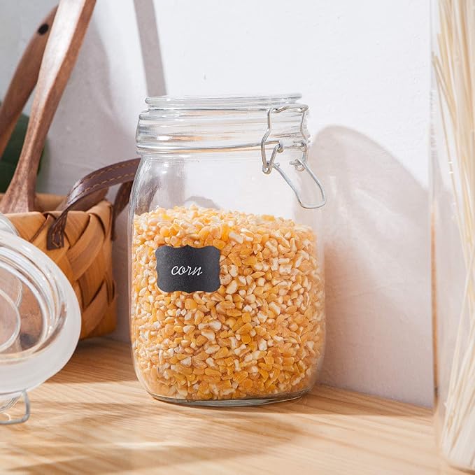 Glass Kitchen Storage Canister Mason Jars with Lids,32oz Airtight Glass Canister with Hinged Lid,Perfect for Kitchen Canning Cereal,Pasta,Sugar,Beans (Labels & Chalk Marker)-Set of 4