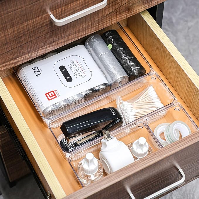 25 Pcs Clear Plastic Drawer Organizer Set,4 Sizes Small Organizer Bins for Bathroom,Office,Kitchen Cabinet and Vanity Organizers for Jewelry,Cosmetic,Gadgets Utensil In Drawer Organizer Trays