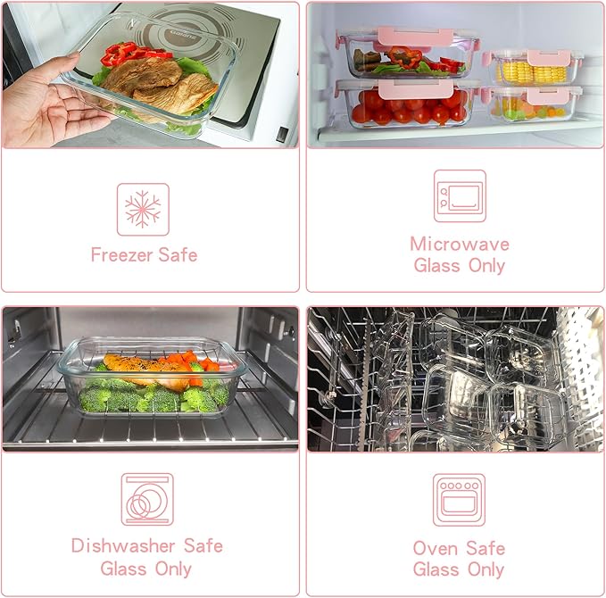 UMEIED 12 PACK Glass Food Storage Containers with Leak Proof Lids, Glass Airtight Meal Prep Containers Set for Lunch, On the Go, Leftover, Kitchen Pantry Organizers and Storage (Pink)