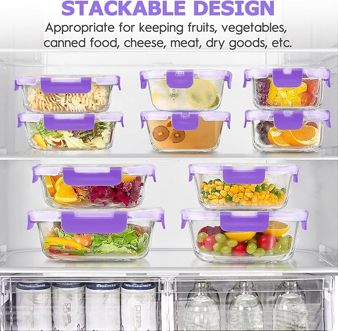 34pcs Glass Food Storage Containers with Lids Set, Airtight Glass Meal Prep Containers (17 Containers & 17 Lids), Leak Proof Lunch Containers BPA-Free, Microwave, Oven, Freezer, Dishwasher Safe-Purple