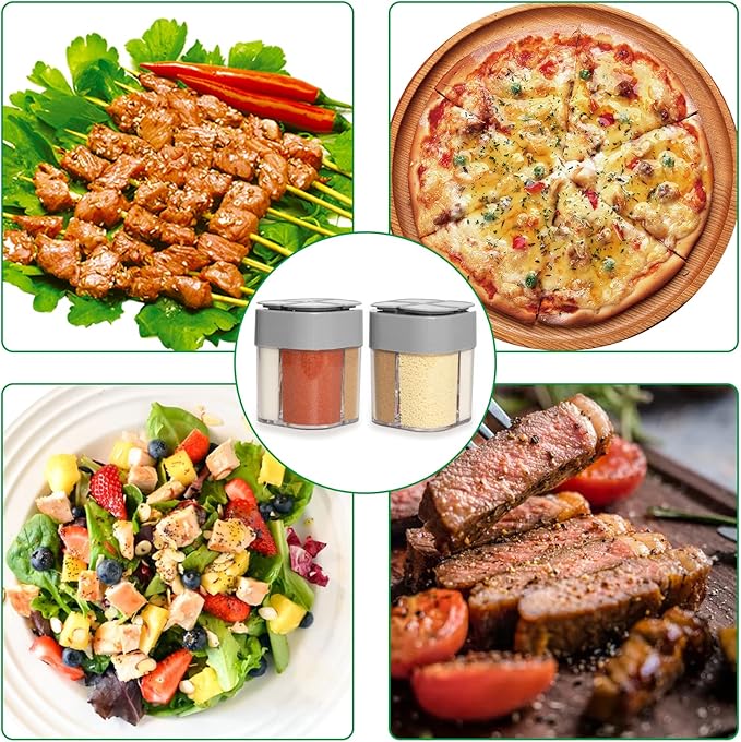 2 Pack 4 in 1 Spice Container Salt and Pepper Shaker Transparent Seasoning Shaker Can Filter Lumps Spice Jars for Home Restaurant Camping Travel Cooking BBQ (Grey)