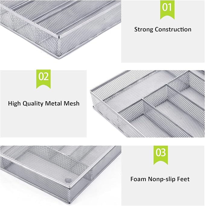 Silverware Drawer Organizer Holder, Cutlery Tray Silverware Flatware Storage Divider for Kitchen, Bedroom, Living Room,Mesh Wire with Non-slip foam Feet, 5 Compoment( Silver)