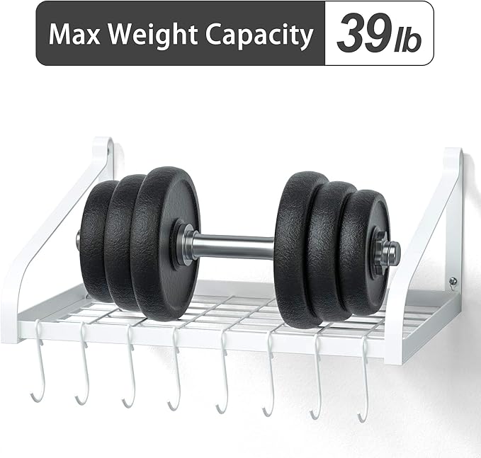 Love-KANKEI Pot Rack Wall Mounted Set of 2 Pan Pot Organizer Wall Shelves with 16 Hooks for Kitchen Cookware Utensils Organization White