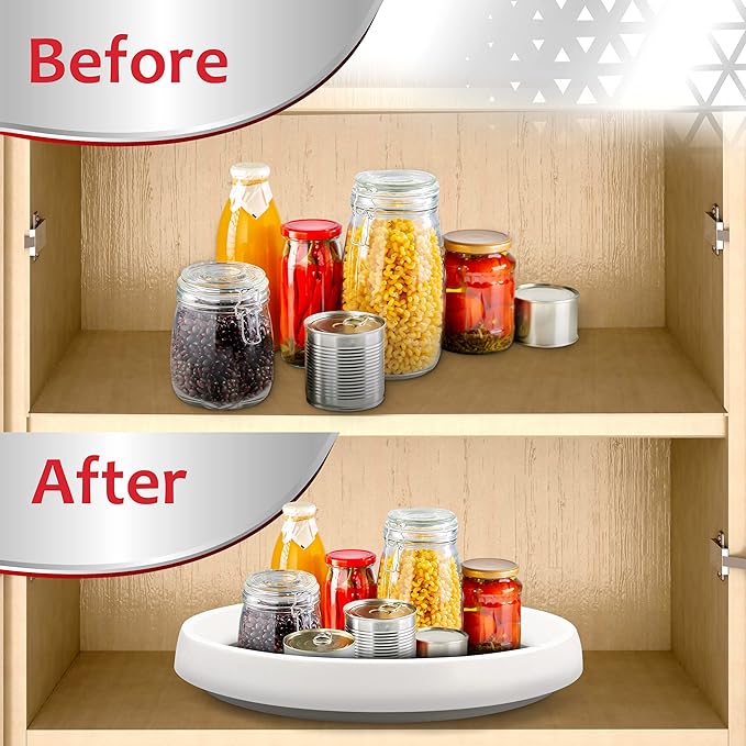 Lazy Susan Turntable 12 Inch, Non-Skid Lazy Susan Cabinet Organizer, 360 Degree Rotating Turn Table for Kitchen, Countertop, Pantry, Refrigerators, Vanity, White & Grey, Pack of 4 - by RamPro