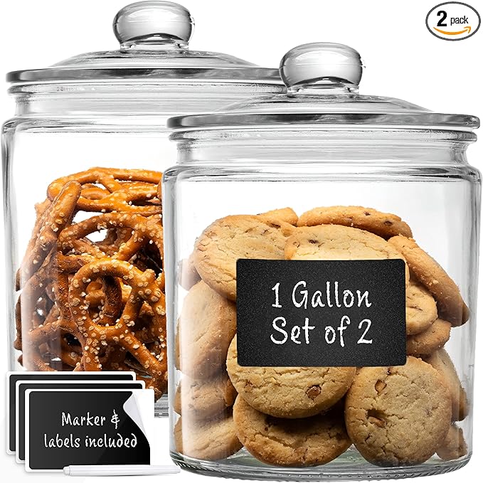 1 Gallon Glass Cookie Jars + Labels & Marker - Set of 2 Canister Sets for Kitchen Counter with Airtight Lids, Sugar Packet Holders Food Storage Containers with Lids Airtight for Pantry, Flour, Sugar,