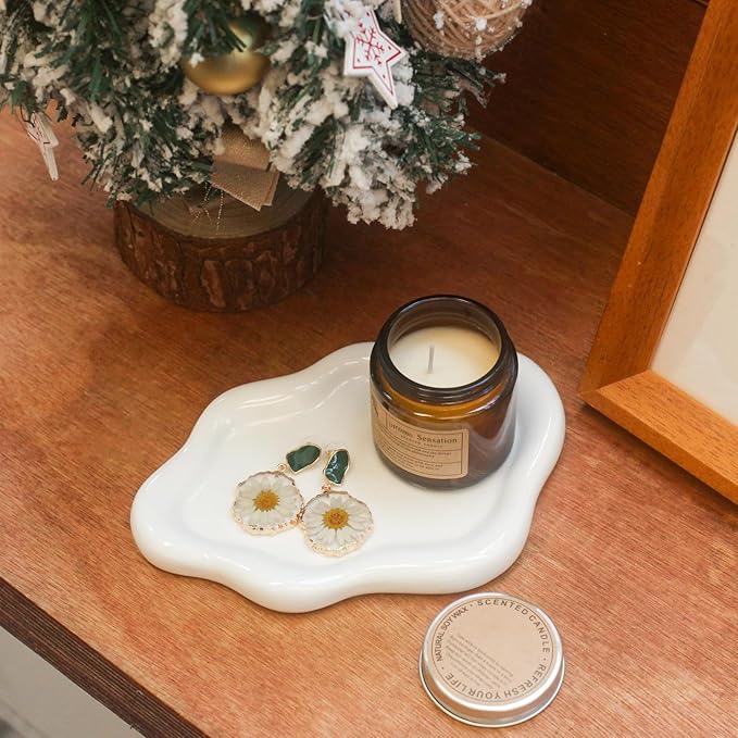 Ceramic Jewelry Tray Trinket Dish, Decorative Cloud Vanity Key Tray for Women, Ring Holder Dish, Cute Jewelry Plate Bowl Room Decor Aesthetic, White, Large