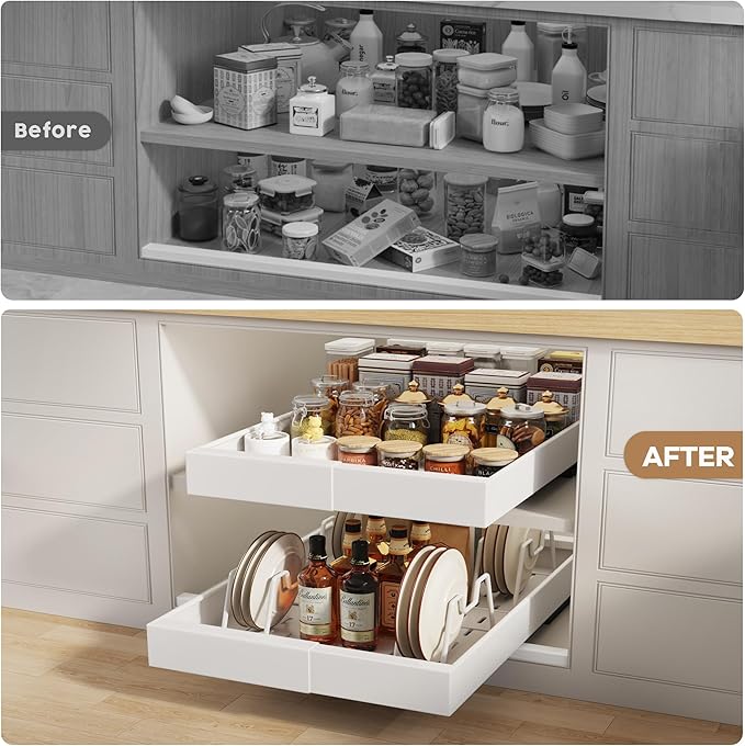 2 Pack Pull out Cabinet Organizer 21" Deep With Raising Pad for Framed Cabinets, Expandable Slide out Drawers for Kitchen Cabinets with 4pcs Divider Racks, Roll out Shelves 9"-14" W White