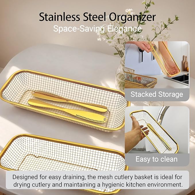 2-Pack Gold Flatware Organizer - Sturdy Mesh Design, Dishwasher-Safe & Easy-Clean Utensil Holder, Silverware Container Drawer Storage