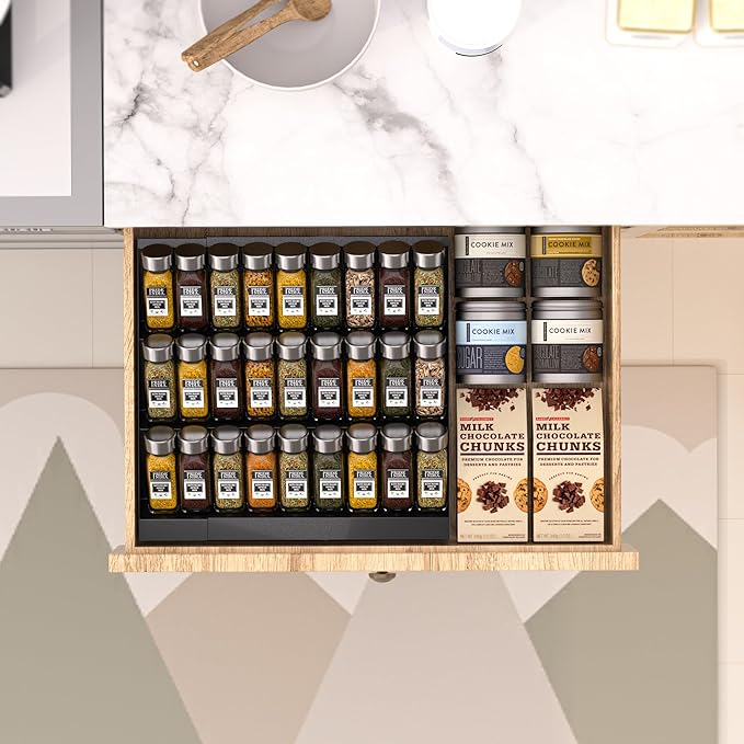 Expandable Metal Spice Drawer Organizer,3-Tier Slanted Seasoning Jars Tray for Kitchen Cabinet Drawers Insert/Countertop (Jars not included)-3Tier,2packs/Black