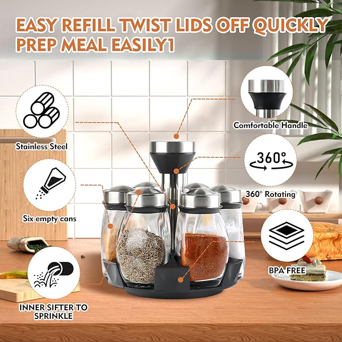 Revolving Countertop Spice Rack,Rotating Spice Organizer Storage Racks for Cabinet, Kitchen Seasoning Rack with Jars, Spice Tower, Spinning Spice Holder Shelf