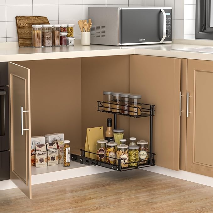 LAMU Under Sink Organizer, Pull Out Cabinet Organizer with Upgraded Slides, Slide Out Sink Shelf Cabinet Storage Shelves, Storages for Kitchen Bathroom