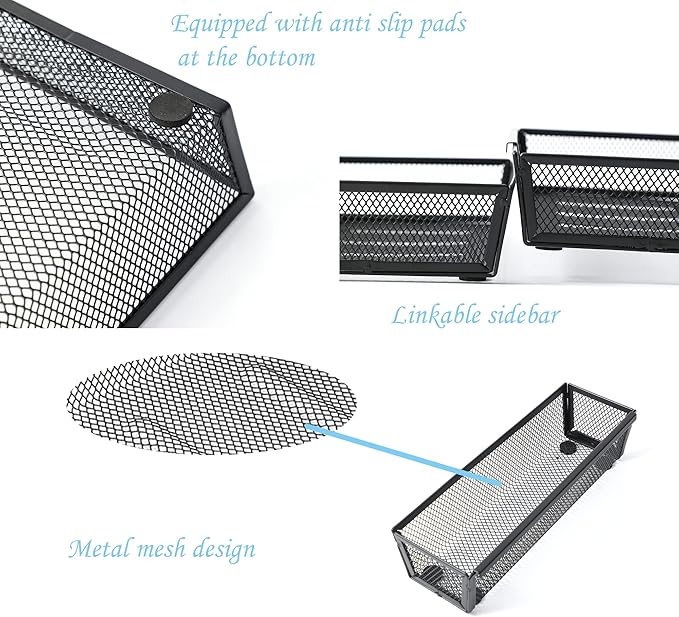 Silverware Organizer,Mesh Cutlery silverware Tray for Drawer,Tool tray organizer,Utensil Flatware Tableware Organizer for Kitchen,Office,with Non-slip,Fits Standard Drawer,(9X3 IN) 6PSC,Black