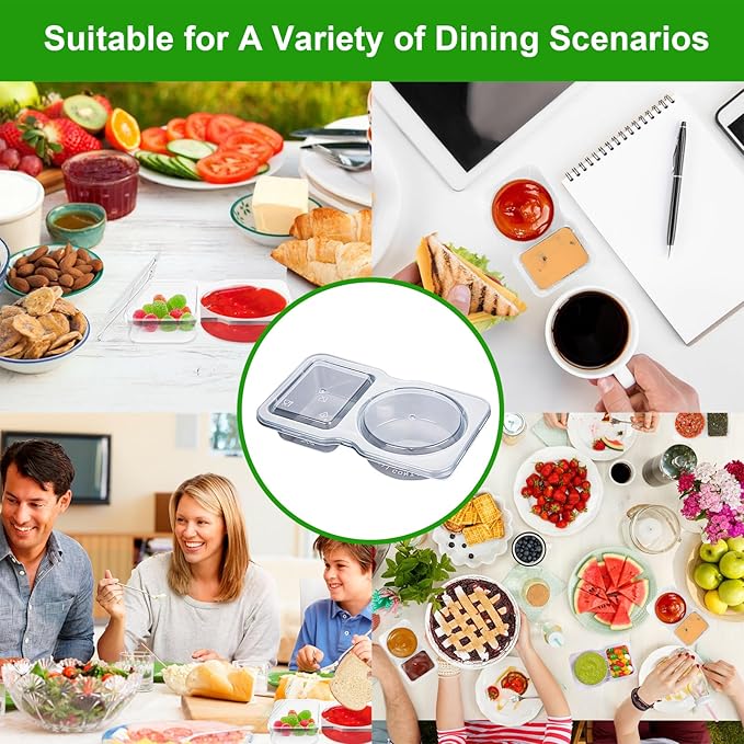 32 Pack Double Compartment Condiment Container -5.5x3.3 inches Plastic Snack Containers with Lids for Sauces, and Salad Dressings | Portable Snackle Box, Portion Control & Food Storage Solution