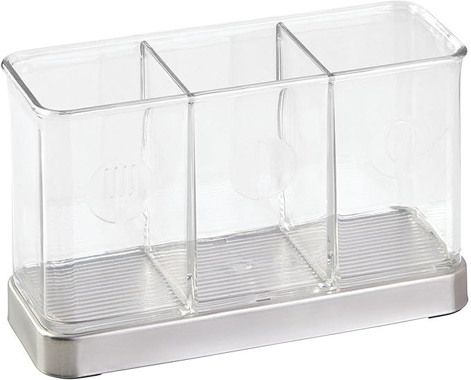iDesign Forma Utensil, Spatula, Silverware Holder for Kitchen Countertop Storage, Organize Forks, Knives, Spoons, 3 Compartments, Sink Stopper