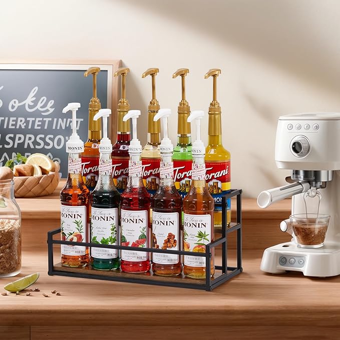 Coffee Syrup Organizer, 2-Tier 10 Syrup Bottles Rack for Coffee Bar, Liquor Bottle Display Shelf Holder Bar Shelf Stand Countertop Rack for Syrup, Wine, Spice
