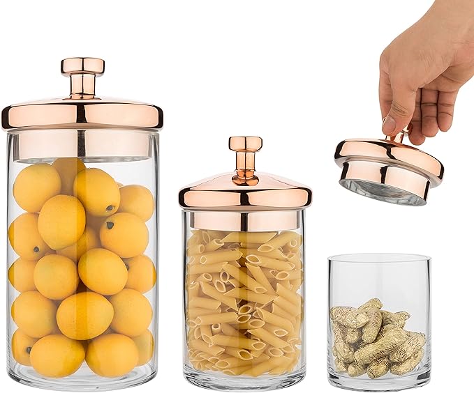 MyGift Glass Apothecary Cookie Jar Set with Copper Lid - Decorative Kitchen and Bath Storage Canisters, Wedding Centerpiece Jars, Candy Buffet with Lids