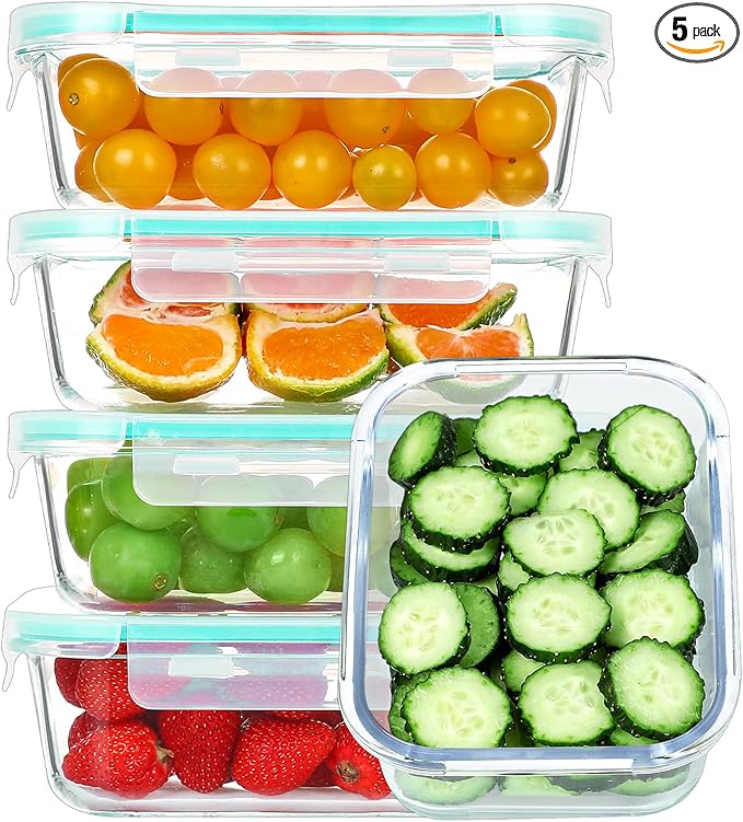 BAYZZ 35 Oz Glass Meal Prep Containers, 5 Pack Glass Food Storage Containers, Glass Bento Boxes with Lids-Dishwasher, Microwave, Oven & Freezer Friendly, Green