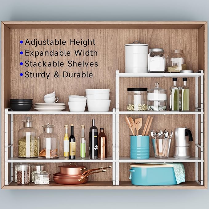 Expandable Cabinet Shelf Organizer, Stackable Kitchen Pantry Counter Storage, Adjustable Closet Cupboard Stand Rack Risers Spice Organization 80LBS Heavy Duty White 3 Pack