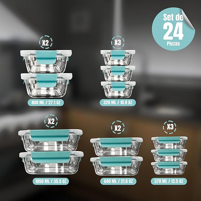 LYTIO Glass Food Containers Storage Organizers for Kitchen Pantry | BPA Free | Leak Proof | Odor Proof | Stain Resistant | 12 Sets | Freezer and Oven Safe (Blue)