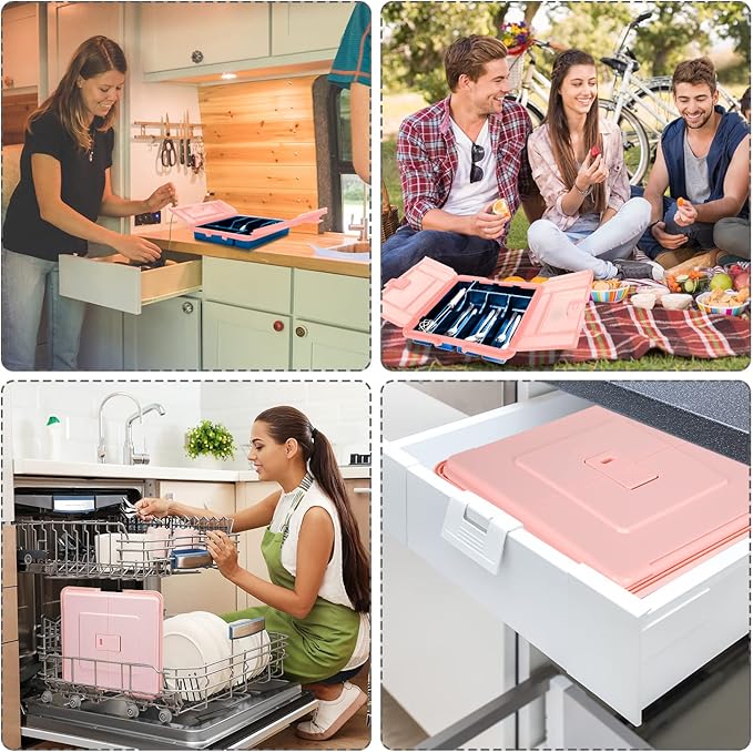Silverware Organizer with Cover, Portable Cutlery Holder Flatware Tray with Lid Plastic Silverware Storage Box 5 Compartments for Kitchen Drawer (pink)