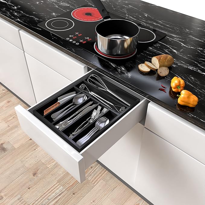 Utopia Kitchen Silverware Organizer, Bamboo Utensil Drawer Organizer for Cutlery, Utensils & Flatware (7 Compartment, Black) Pack of 1