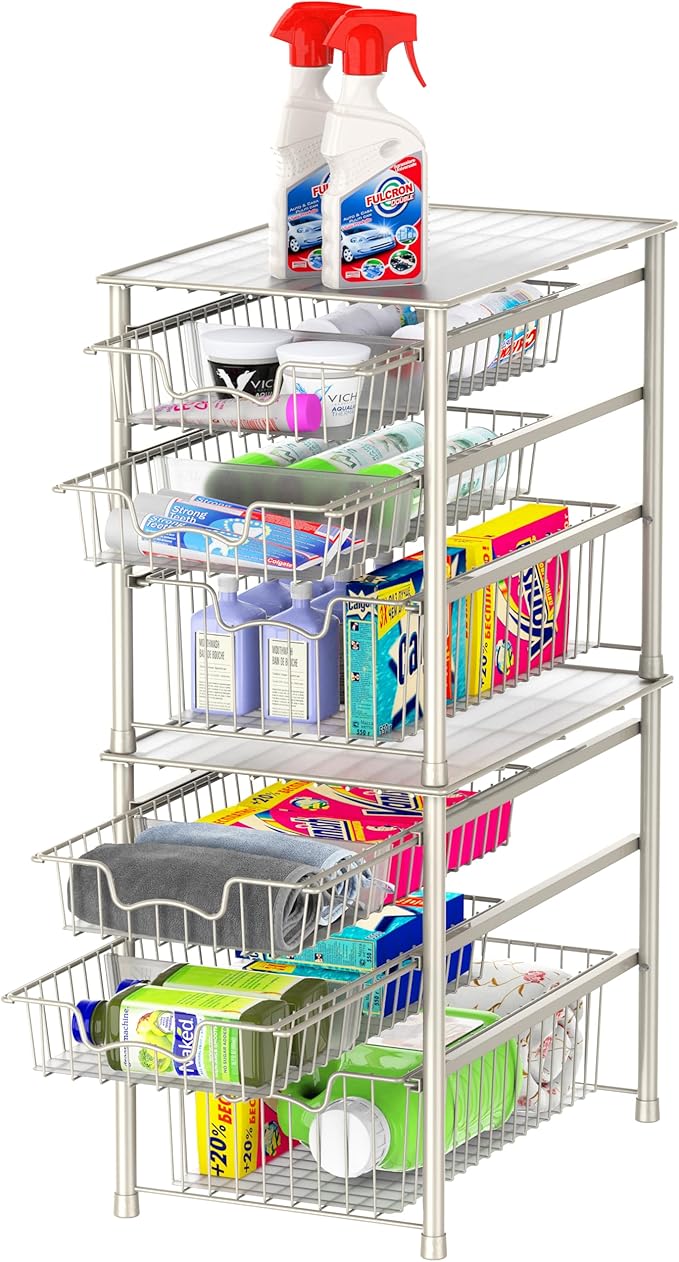 Simple Houseware 3-Tier Stackable Sliding Basket Storage Organizer Drawer for Bathroom and Kitchen, White