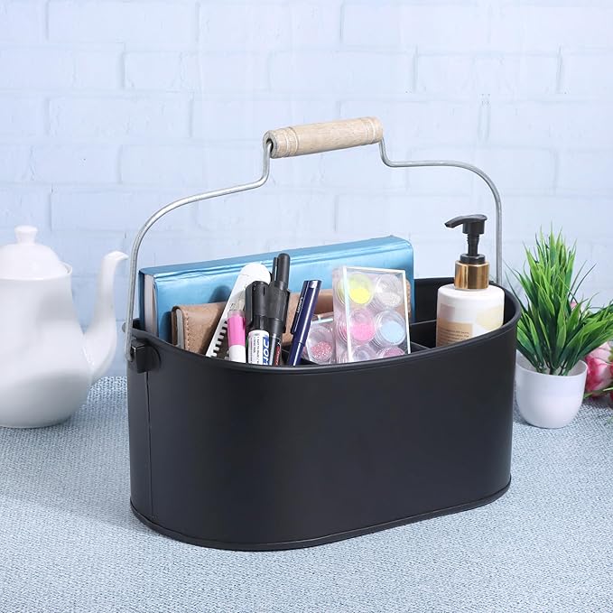 Alpha Living Home - Wooden Utensil Holder for Kitchen, Rustic Silverware Caddy with Handle – Galvanized Flatware Organizer for Forks, Spoons, Knives, Picnic, Countertop & Dining Table – Jet Black