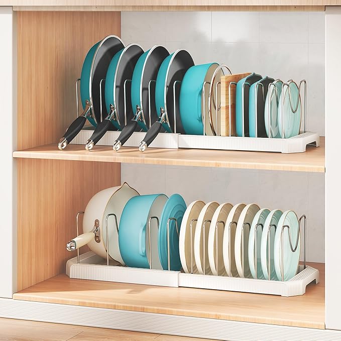 Pots and Pans Organizer for under Cabinet, Expandable Pan Pot Organizers inside Cabinet, Heavy Duty Pot Rack for kitchen organizers and storage Holder with 12 adjustable compartment White