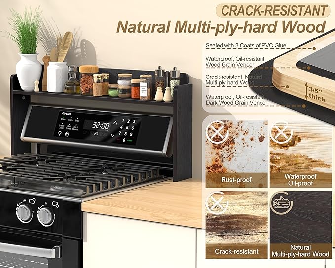 MyLifeUNIT Over The Stove Shelf, 31.5" Wood Stove Top Shelf for Back of Gas Stove, Electric Stove or Curved Stove Spice Rack Shelf for Countertop, Black