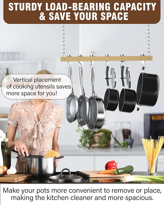 Cooks Standard NC-00269 Standard, Single Bar, 36-Inch Ceiling Mounted Wooden Pot Rack, Brown