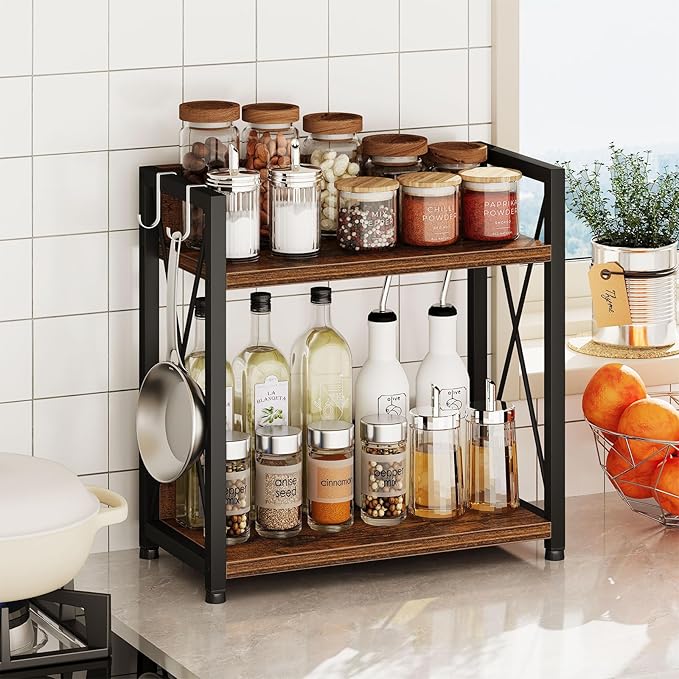 Snughome Countertop Shelf Organizer, Kitchen Counter Shelf with Hooks, 2 Tier Spice Rack for Kitchen Countertop,Coffee Station,(Rustic Brown, Large)