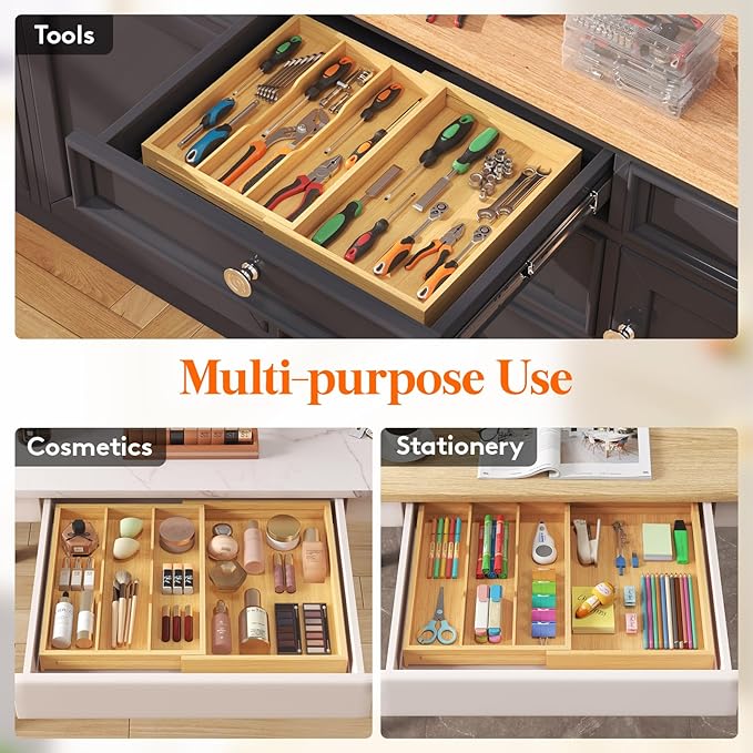 Lifewit Utensil Drawer Organizer, Expendable Cooking Silverware Tray for Kitchen Drawer, Bamboo Adjustable Cutlery Flatware Holder, Spatula Tools and Gadgets Storage Divider, 4 Compartments, Natural