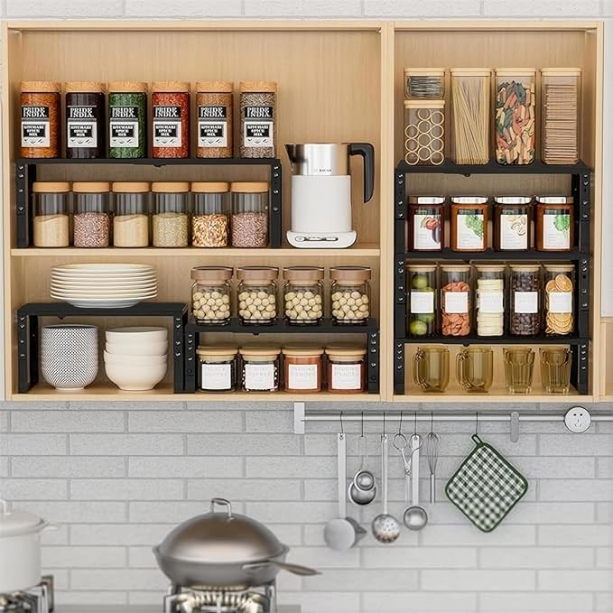 Expandable Spice Rack Organizion for Kitchen Cabinet, Seasoning,Bathroom Organizer Display Shelf, Stackable Multi-Purpose Shelves.Easy-to-Install(1Pack/Black,Medium