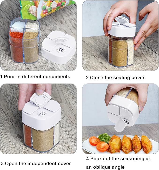 2 Pack 4 in 1 Spice Container Salt and Pepper Shaker Transparent Seasoning Shaker Can Filter Lumps Spice Jars for Home Restaurant Camping Travel Cooking BBQ (White)